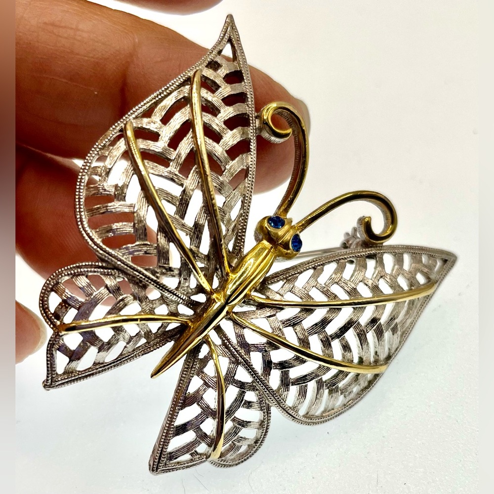3 for $30 Vintage 1970s Avon Butterfly Brooch Gold Silver Tone Blue Crystal Eyes - Picture 4 of 7